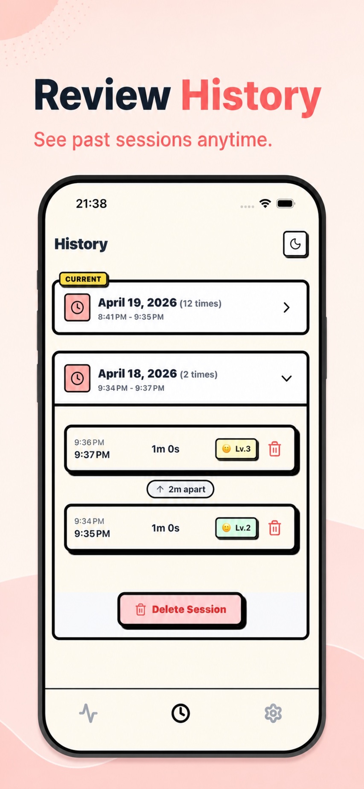 Contraction Timer history screen showing saved sessions