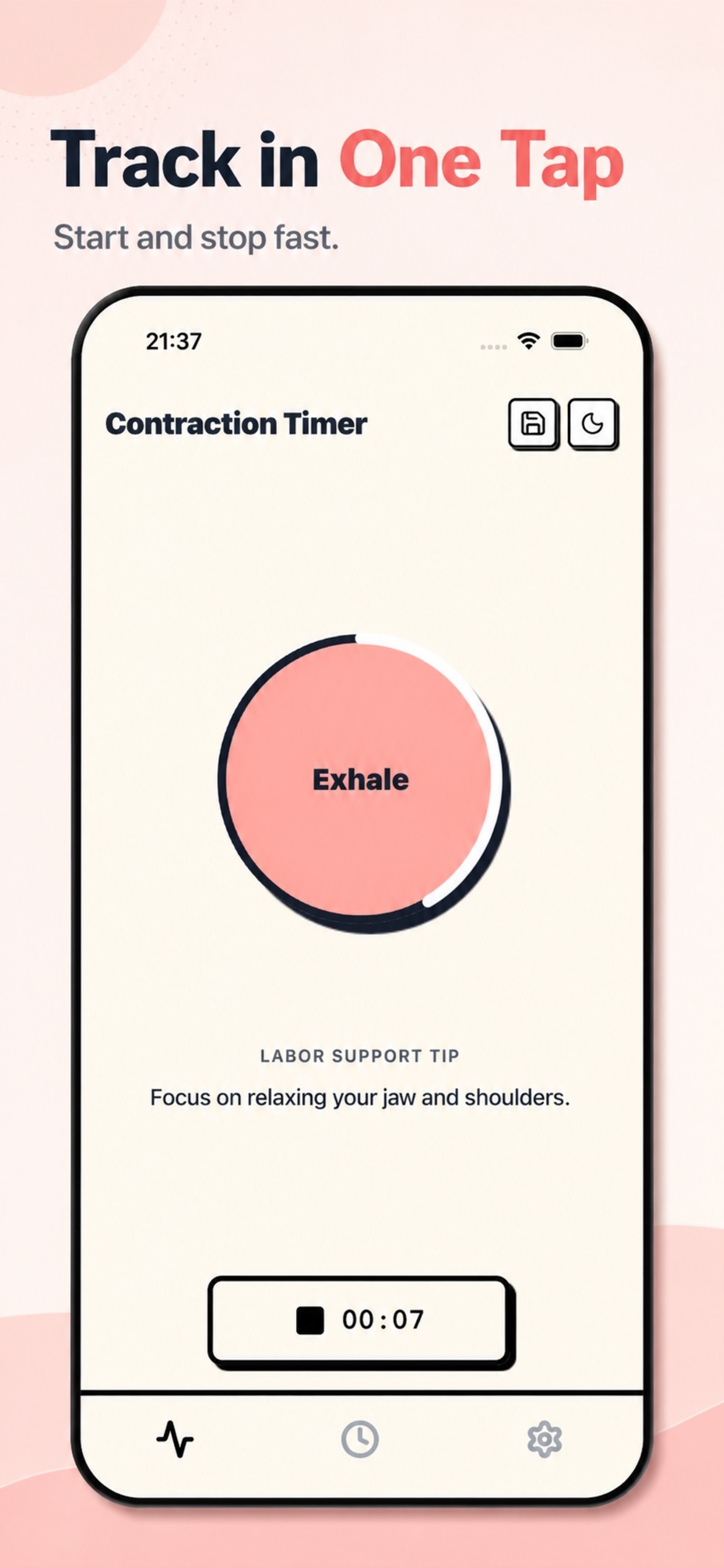 Contraction Timer tracking screen with one-tap start and stop timer